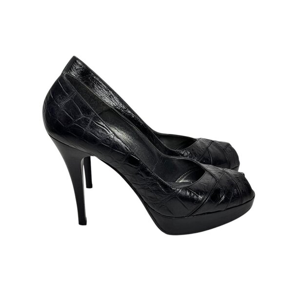 STUART WEITZMAN Pip Toe Platform Heels Sz. 9 Black Croc Leather Stiletto Classic - Picture 6 of 11